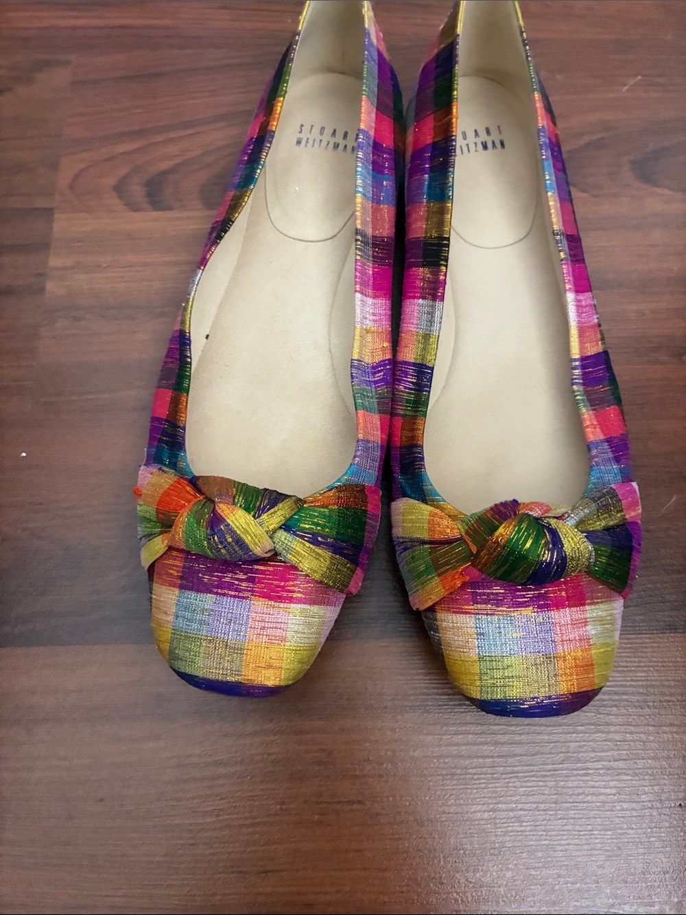 Stuart Weitzman plaid silk flats. Excellent condition